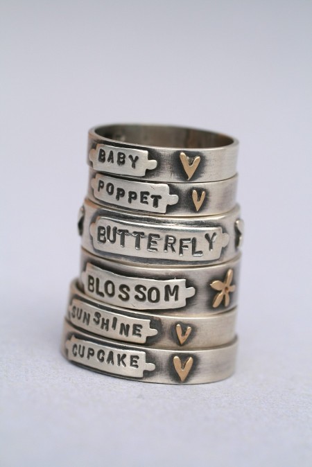 Stack of Letter Rings silver 9ct yellow gold and oxidised silver
